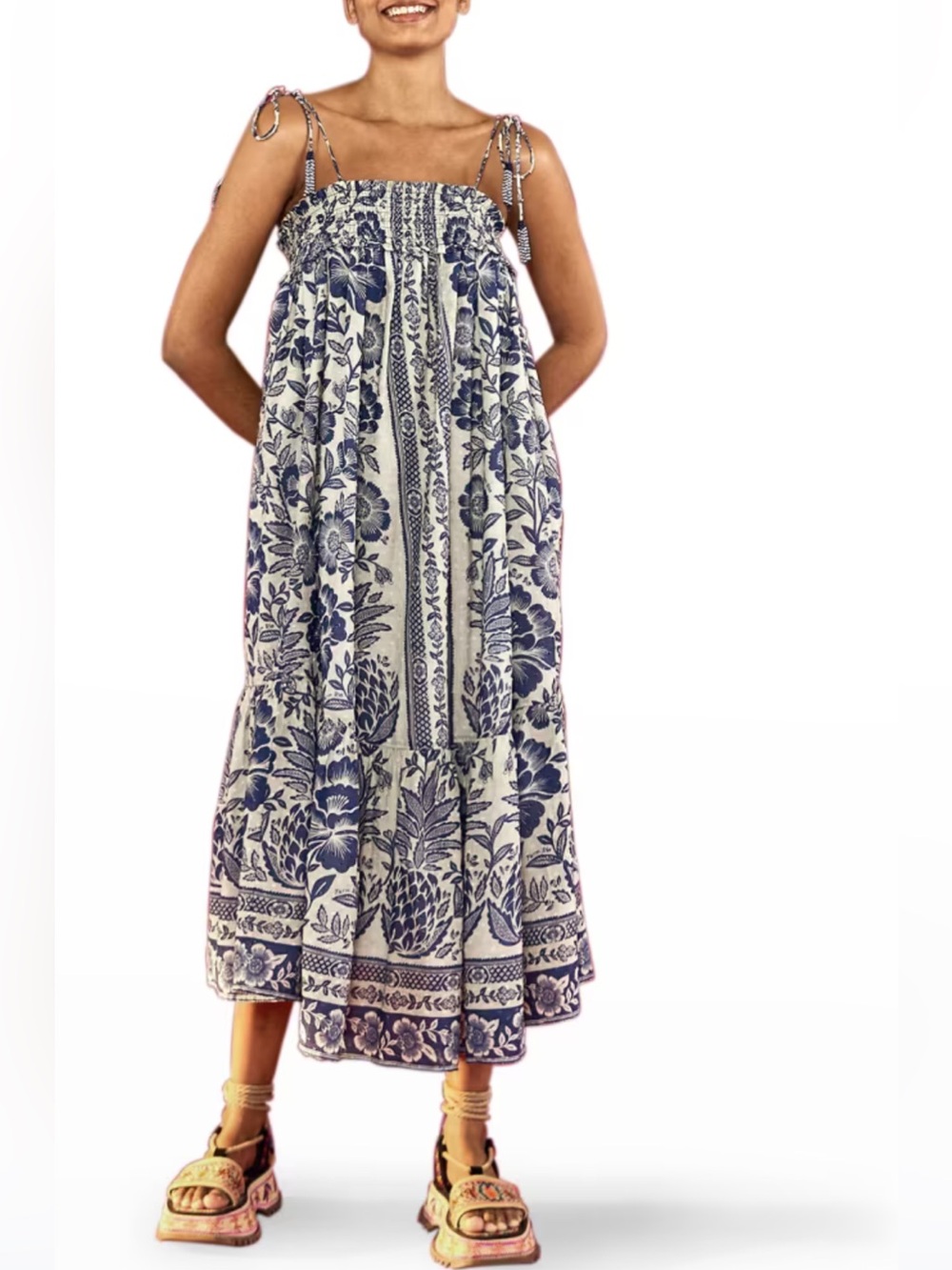 Farm Rio Blue Pineapple Garden Shoulder-Tie Midi Dress, Size S